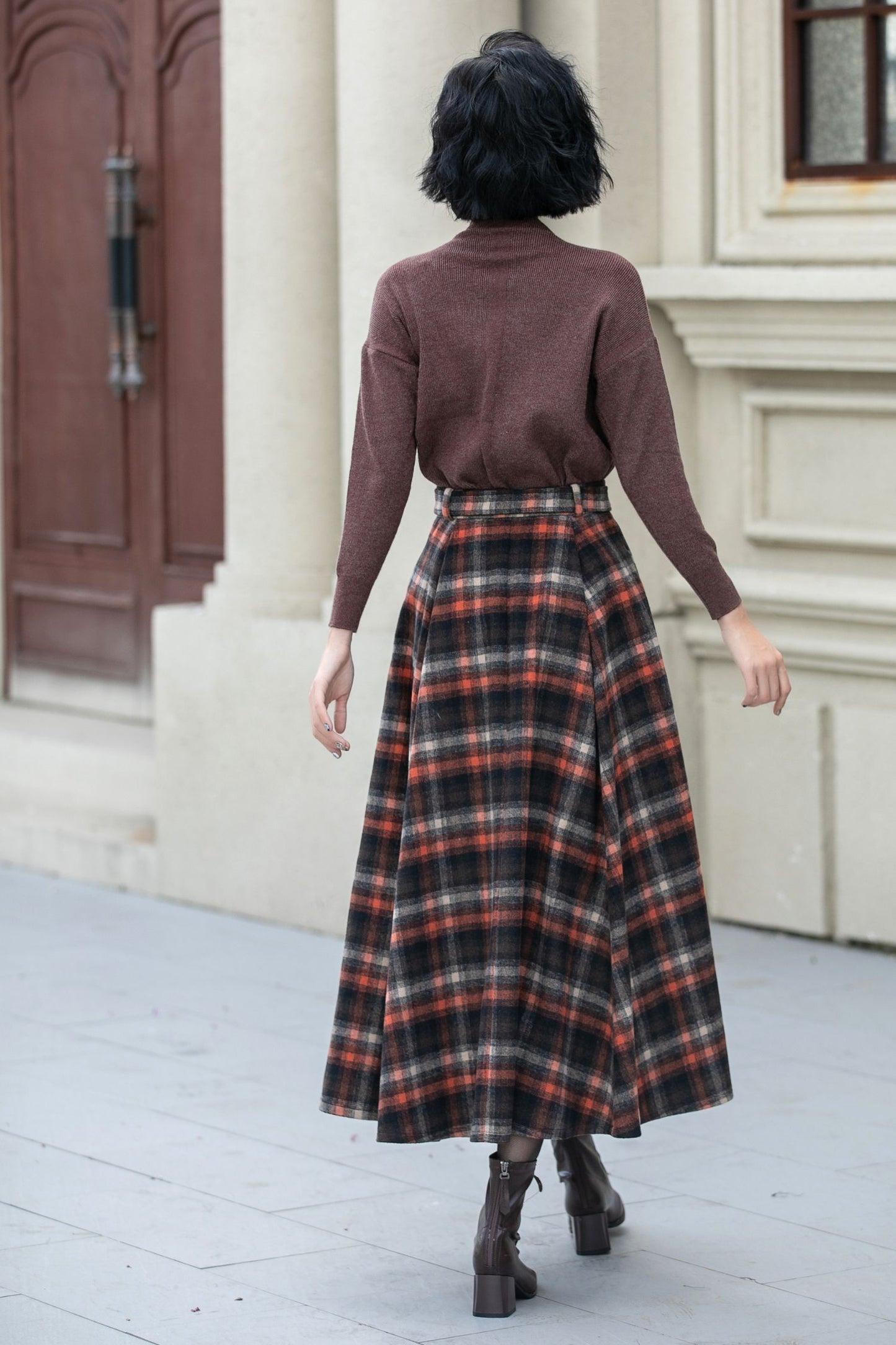 A line plaid midi wool skirt women 5355