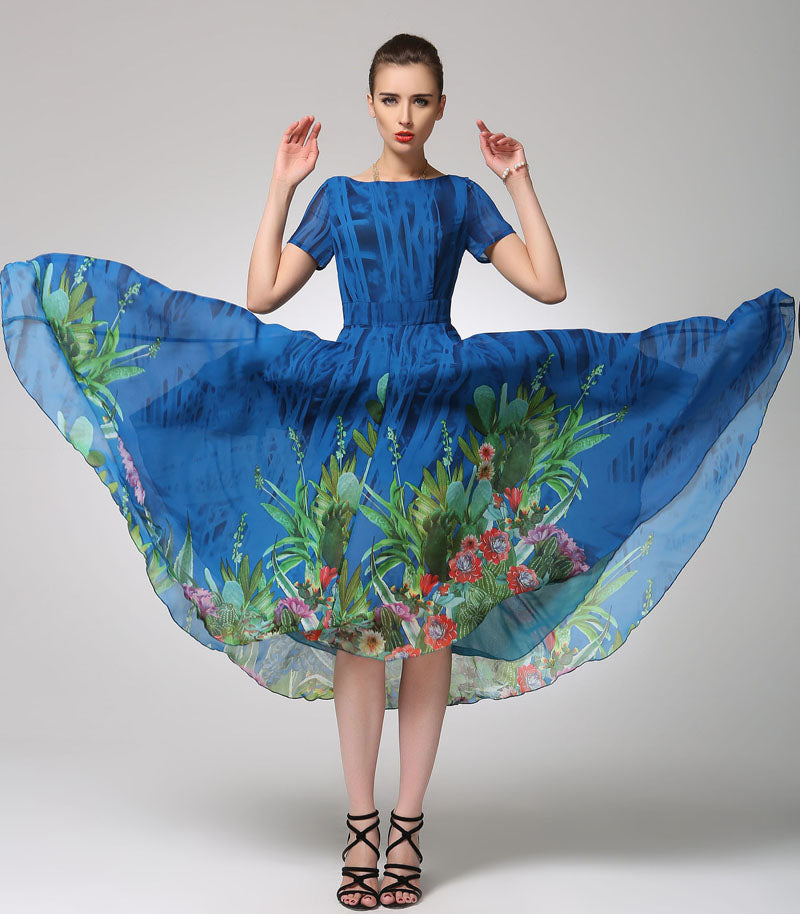 Blue Floral Chiffon Midi Dress for Women 1247