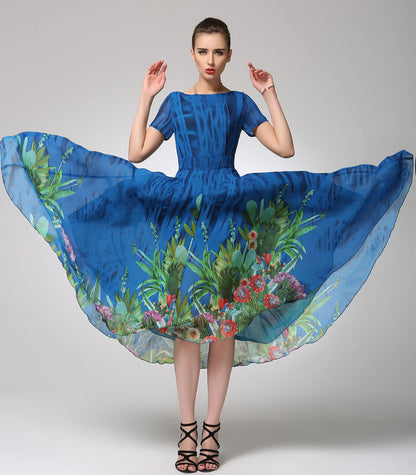 Blue Floral Chiffon Midi Dress for Women 1247