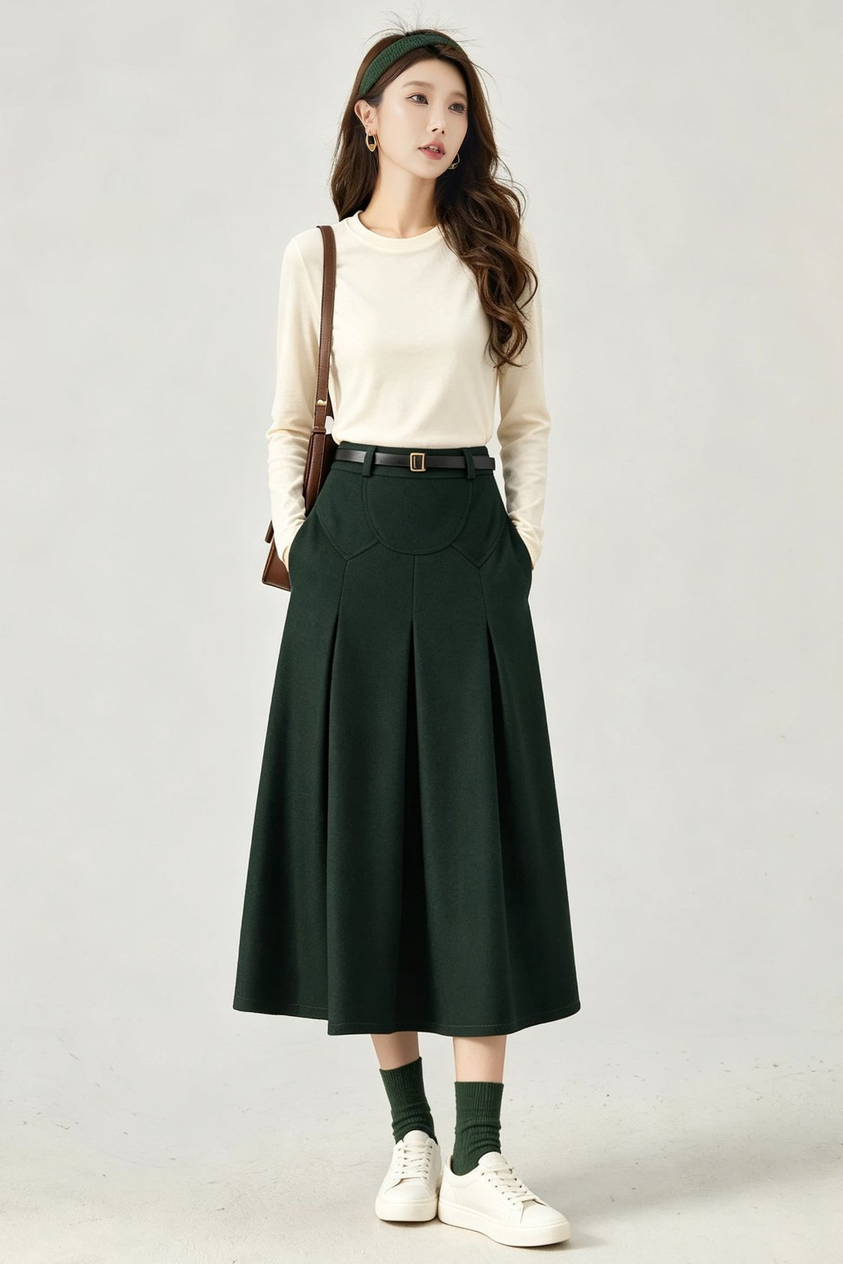 Vintage Dark Green Wool Swing Midi Skirt - High Waist A-Line Skirt 7014