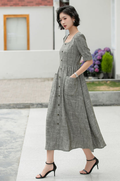 Gray Linen Cotton Midi Dress - Square Neckline with Puff Sleeves 5984