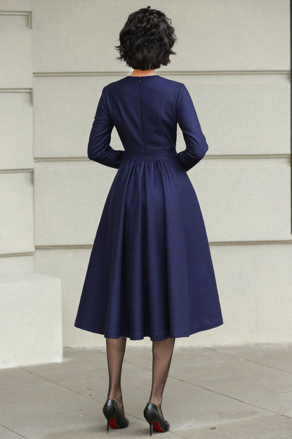 Blue Wool Midi Dress - Swing Fit & Flare Silhouette 6506