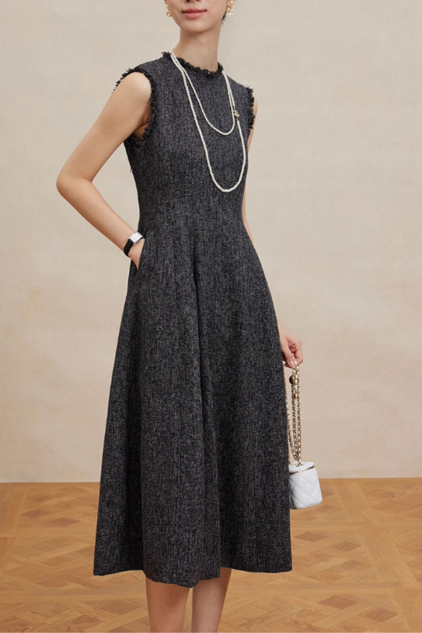 Classic Dark Grey Wool Midi Dress  – Fit & Flare A-Line – 6455