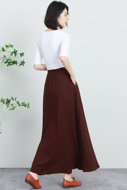 Brown Linen Maxi Skirt - Flowing Button Front with Elastic Waist 5733