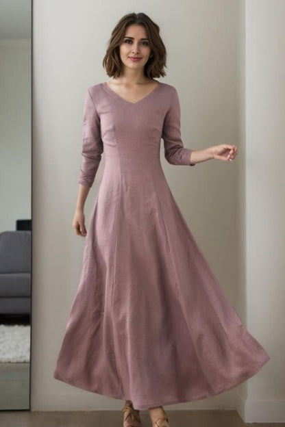 Blue Linen Maxi Dress - V-Neck A-Line Silhouette 5514