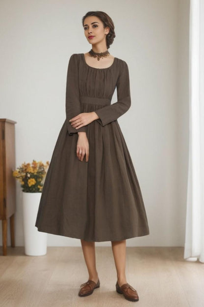 Brown Linen Midi Dress - A-Line Silhouette with Long Sleeves 5515