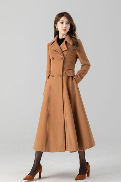 Camel Wool Swing Coat – Vintage Double Breasted Long Winter Overcoat 4668