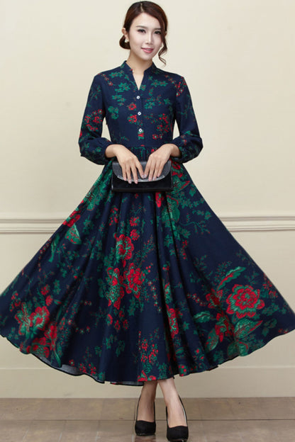 Floral Linen Midi Shirt Dress - Button Front Pockets | Xiaolizi 3419
