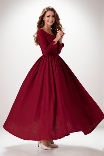 Red Linen Blend Midi Dress - High Waist Pleated Fit & Flare 5123