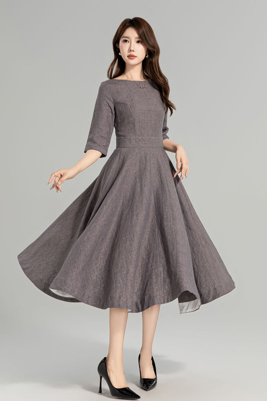 Taupe Grey Linen Swing Dress – Vintage Fit and Flare Midi Dress with Pockets 4961
