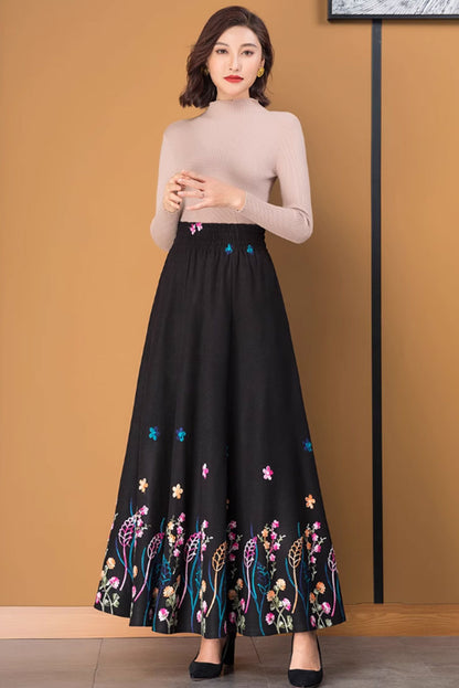 Black Wool Maxi Skirt - Embroidered A-Line Silhouette 4769