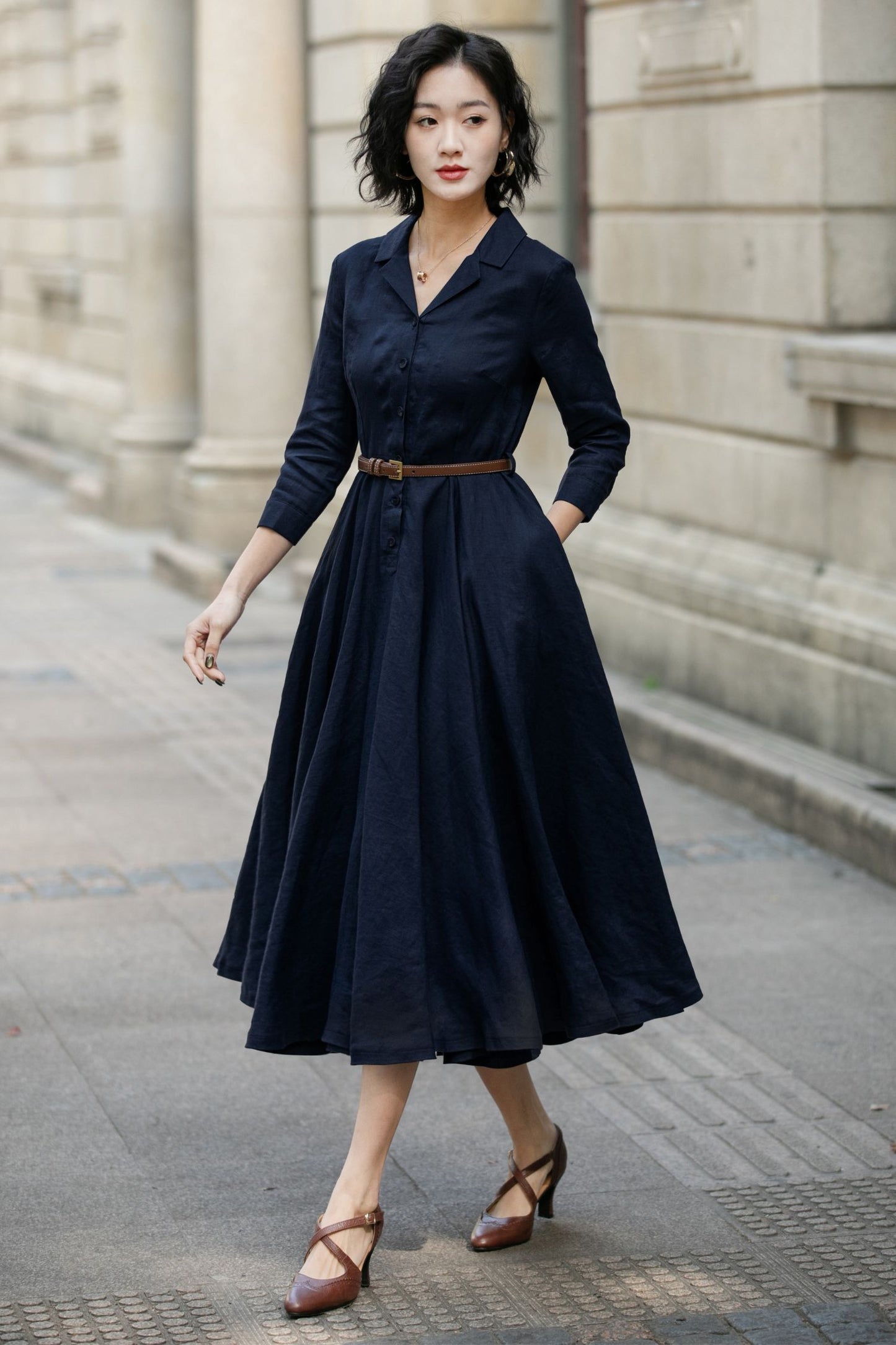 Navy Linen Shirt Dress for Women, Xiaolizi Belted A-Line Dress 6708