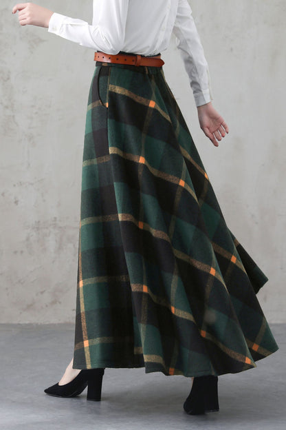 Handmade Forest Green Plaid Wool Maxi Skirt – Vintage High Waist A-line Winter Elegance 5274