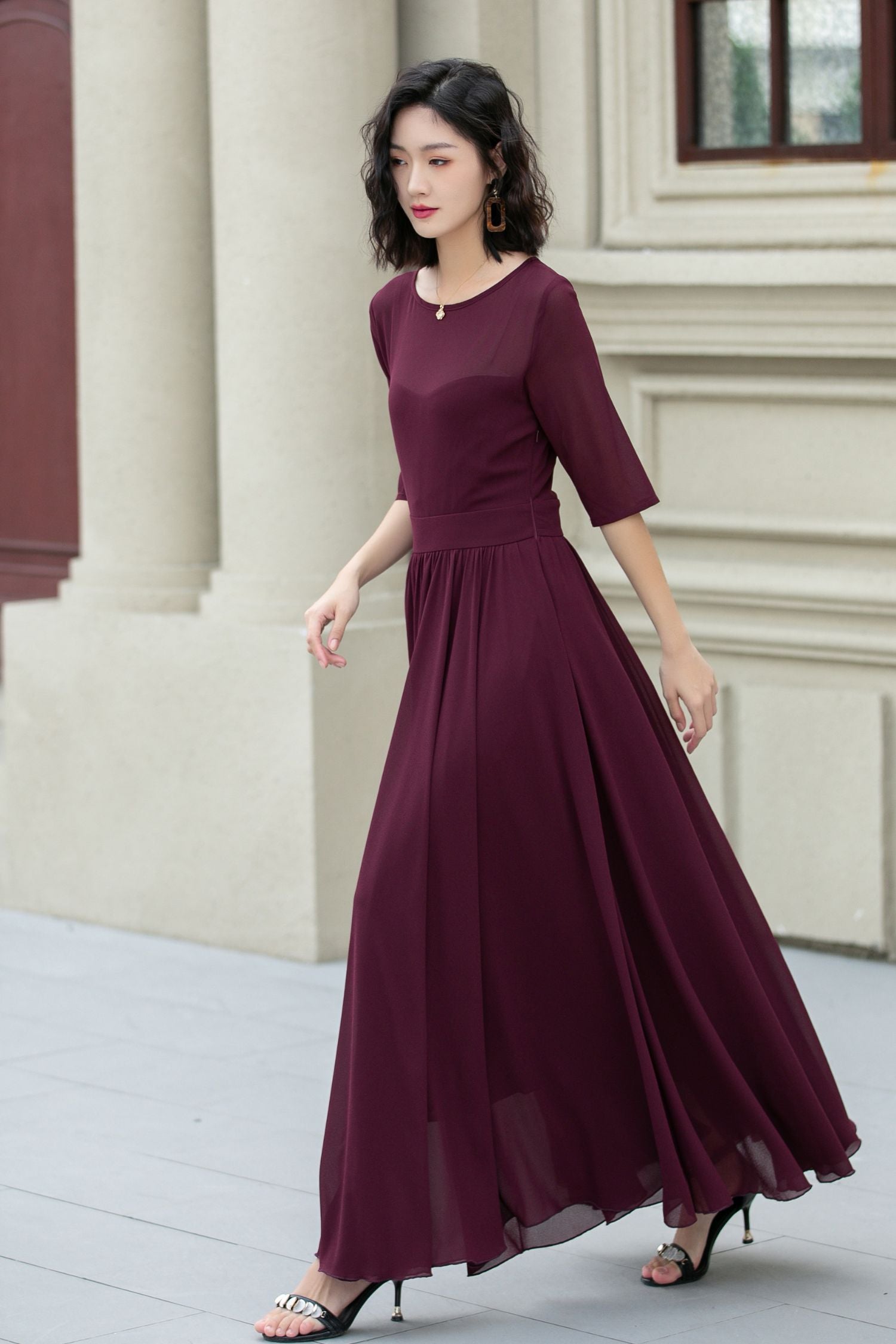 Burgundy Chiffon Fit & Flare Maxi Dress | Boat Neck Prom Xiaolizi Burgundy Chiffon Fit & Flare Maxi Dress | Boat Neck Prom Xiaolizi