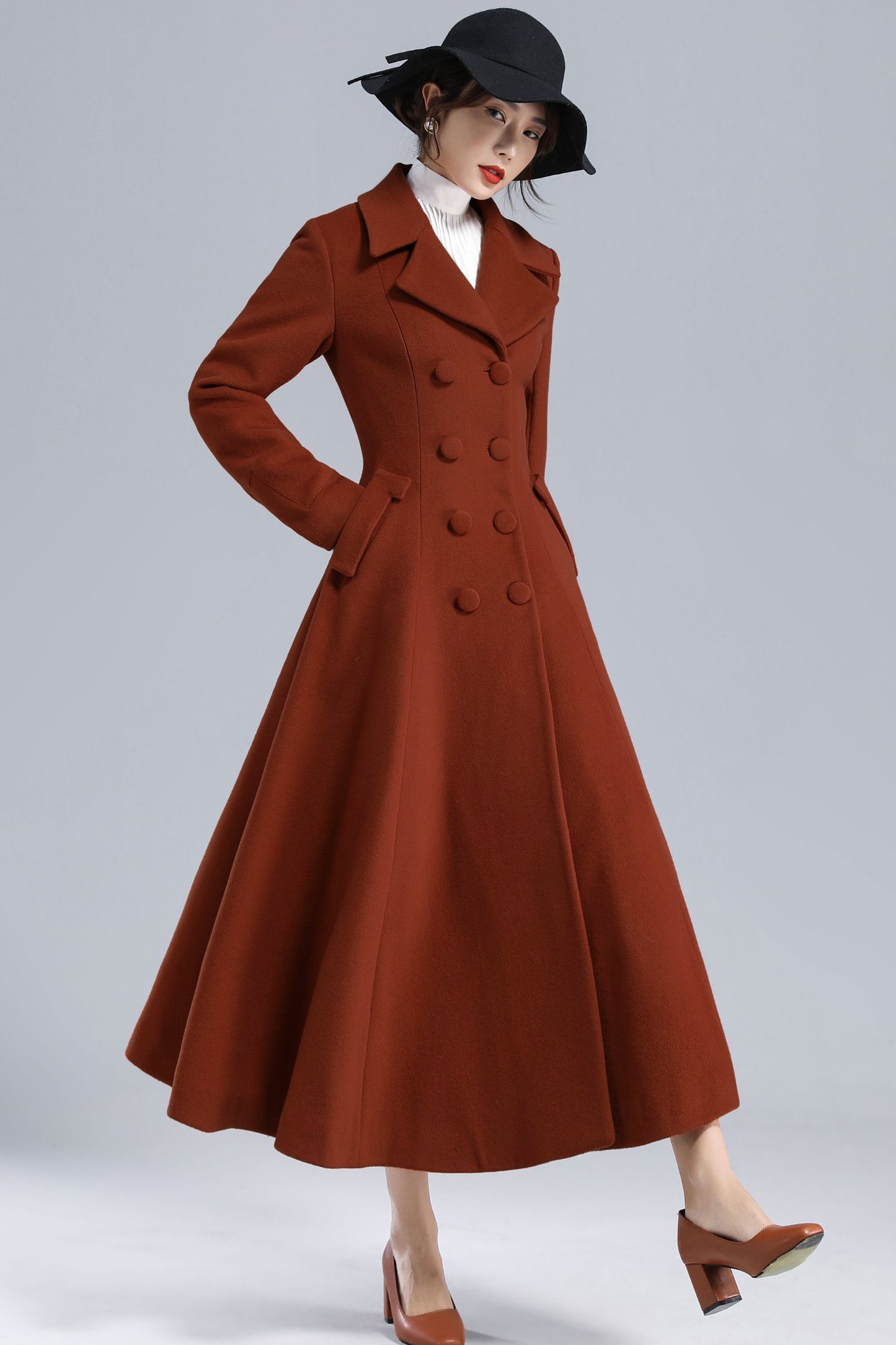Rust Red Wool Maxi Coat – Statement Double Breasted Swing Overcoat 5495