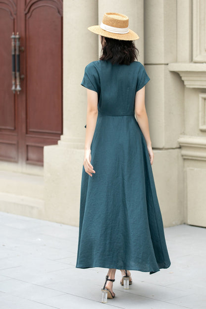 Short sleeve Green Linen Wrap dress 5142