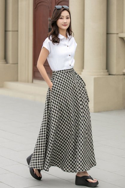 Plaid maxi swing wrap linen skirt 4946 -Size XS #CK2400347