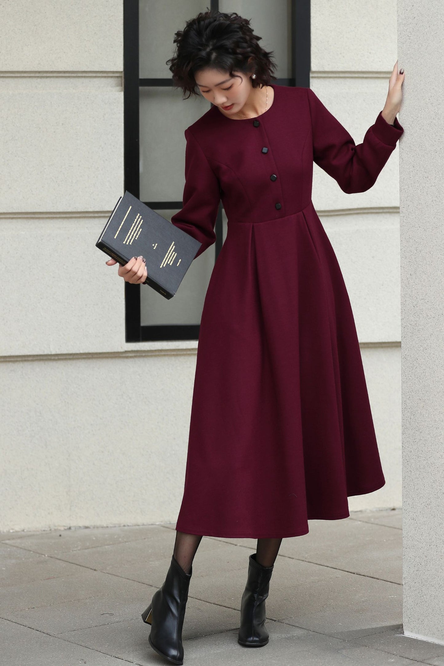 Burgundy Handmade Wool Midi Dress – Vintage Long Sleeve Winter Style 6618