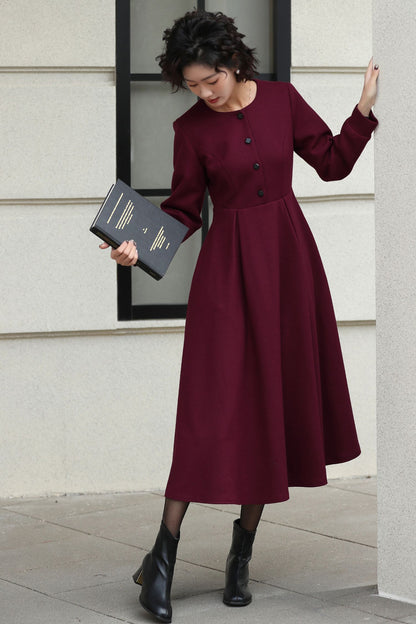 Burgundy Handmade Wool Midi Dress – Vintage Long Sleeve Winter Style 6618