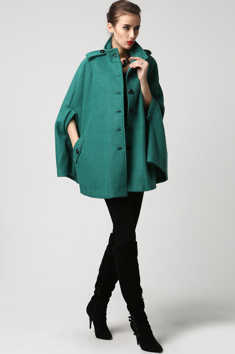 Green Wool Cape Coat for Women – Stand Collar Winter Cloak with Pockets, Xiaolizi 1129