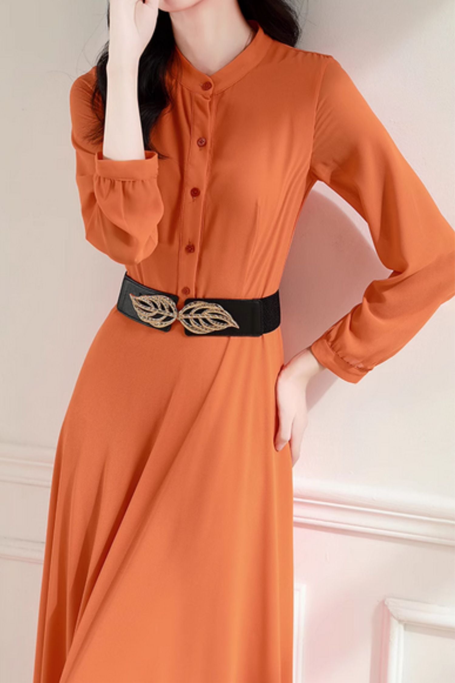 Orange Chiffon Maxi Dress | Long Sleeve, Belted & Lined - Xiaolizi Orange / L Orange Chiffon Maxi Dress | Long Sleeve, Belted & Lined - Xiaolizi Orange / L
