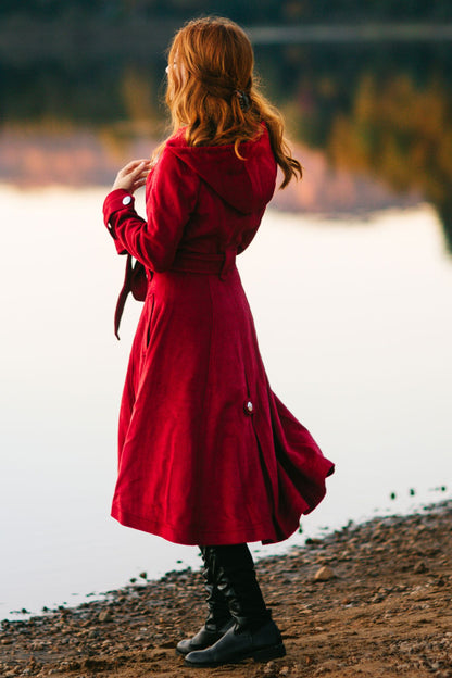 Burgundy Wool Coat Maxi - Hooded, Double Breasted, Self Tie Waist 3218