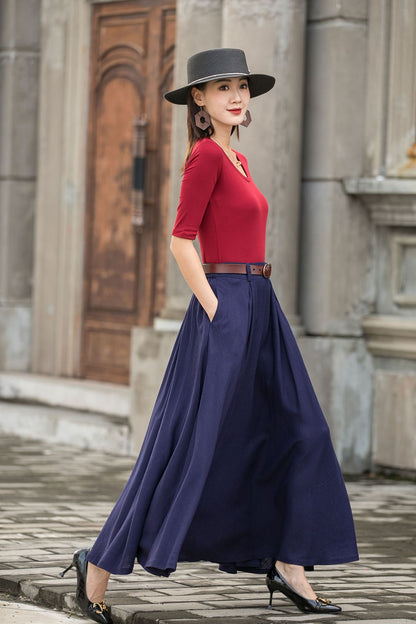 Navy a line Linen Maxi Skirt with Pockets  2778