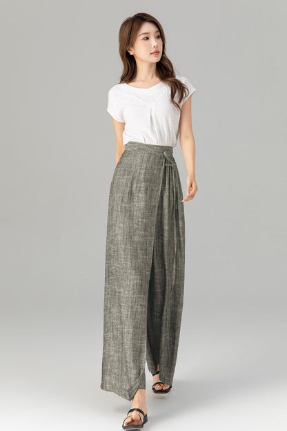 Gray Linen Wide Leg Wrap Pants - Flowing Tie Waist Detail 5749