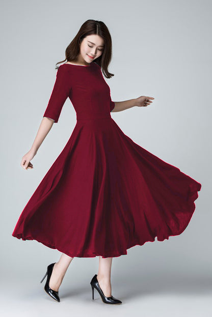 Handmade Red Linen Cotton Midi Dress – Elegant Occasion Fit & Flare with Pockets 6632
