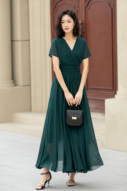 Dark Green Chiffon Maxi Dress – Handmade V Neck Swing Party Elegance 5114