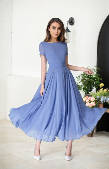 Blue Chiffon Maxi Dress - Handmade Fit and Flare Silhouette 1523