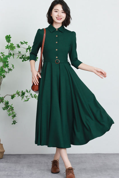 Green Linen A-Line Dress - Button Front, Relaxed Fit 5735