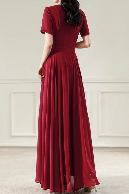 Burgundy fit and flare long chiffon dress 5101