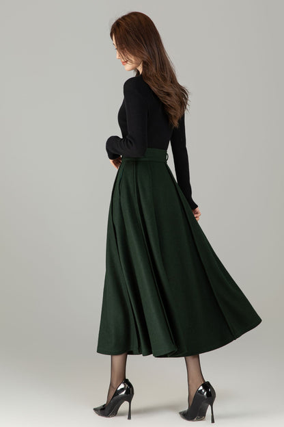 Army Green Wool Maxi Skirt - A-Line Vintage Elegance 6497