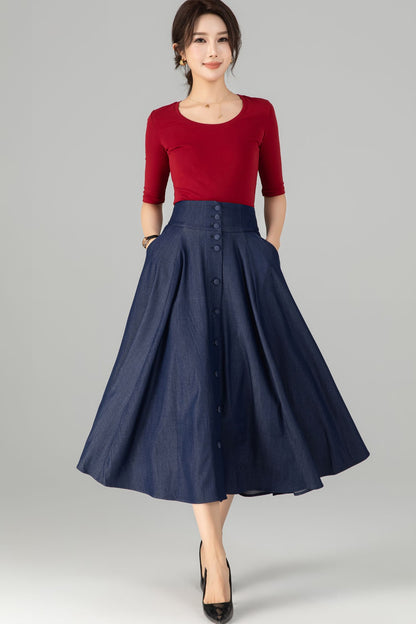 Navy Cotton Denim Midi Skirt - High Waist A-Line Button Front 5713