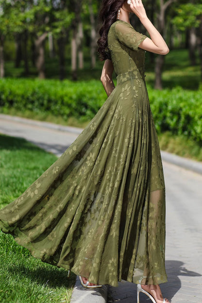 Olive Chiffon Maxi Dress - Fit and Flare Silhouette with V-Neckline 5085