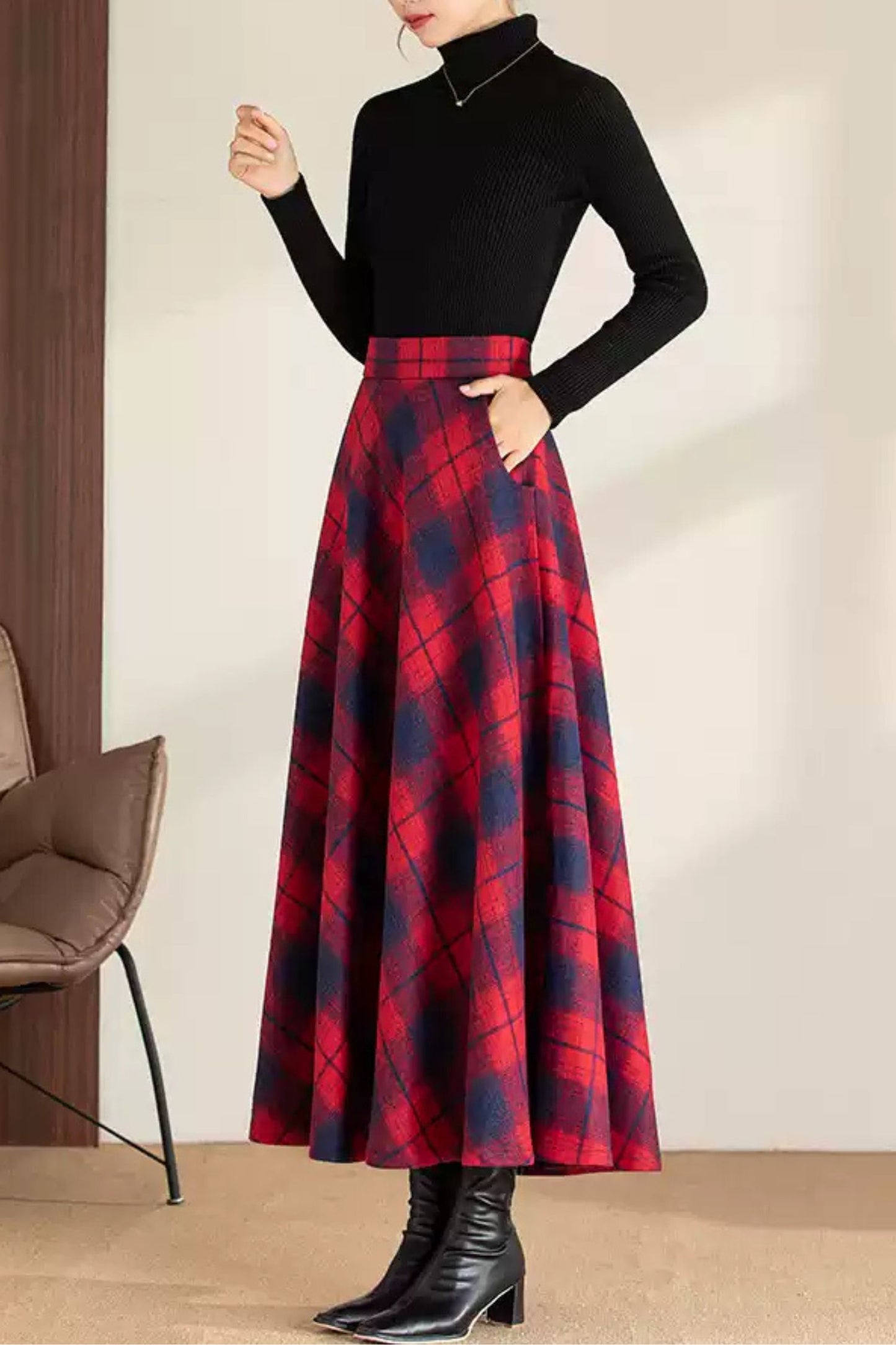 Maxi plaid winter long wool skirt 6200