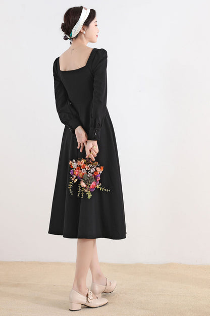 Black Linen Cotton Midi Dress - Square Neckline, Long Sleeve Swing 2514