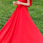 Fit and flare red prom chiffon dress with cape 5029