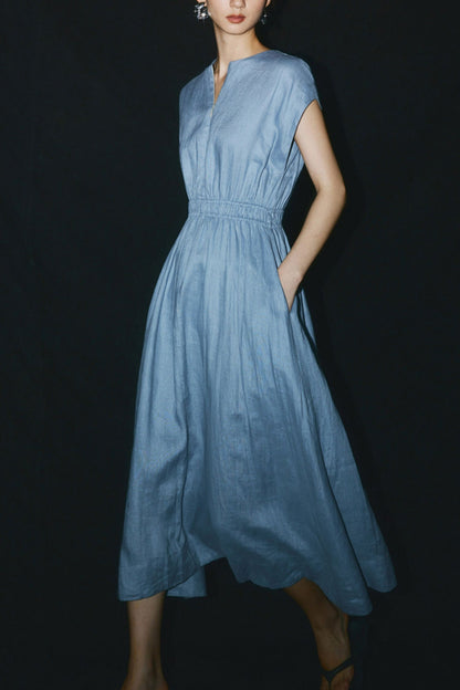 Blue Linen Midi Dress - A-Line Silhouette with Cap Sleeves HY0021