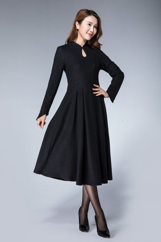 Mandarin collar black winter wool dress women 1872