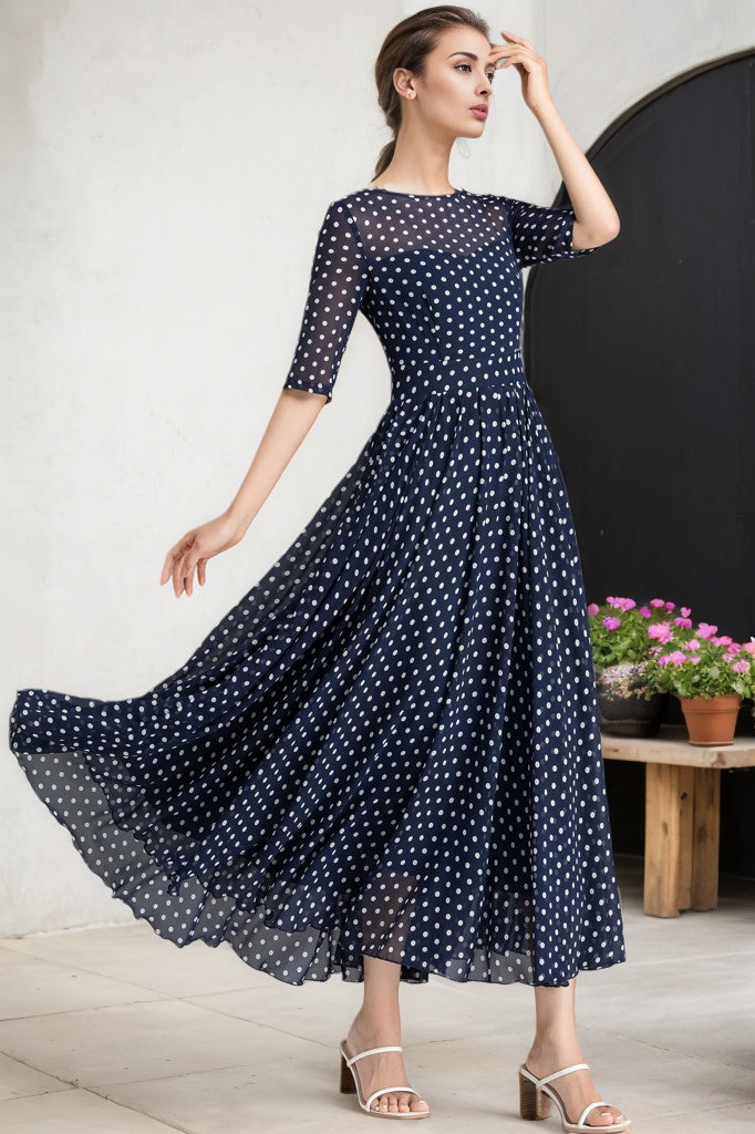 Blue Chiffon Maxi Dress - Polka Dot, Boat Neckline 2354