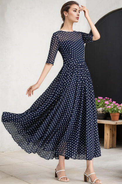 Blue and White Polka Dot chiffon Maxi Dress 2354