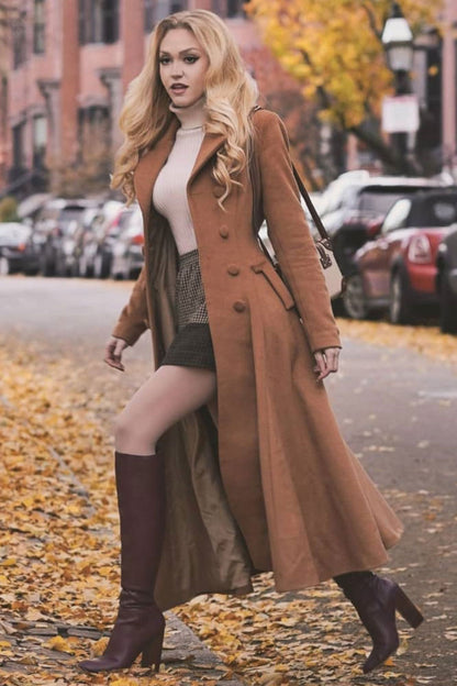 Camel Wool Maxi Coat – Vintage Double Breasted A-Line Winter Overcoat 3816
