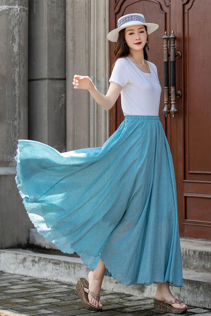 Blue Cotton-Linen Long Circle Skirt - Pleated Waist, Elastic Fit 4412