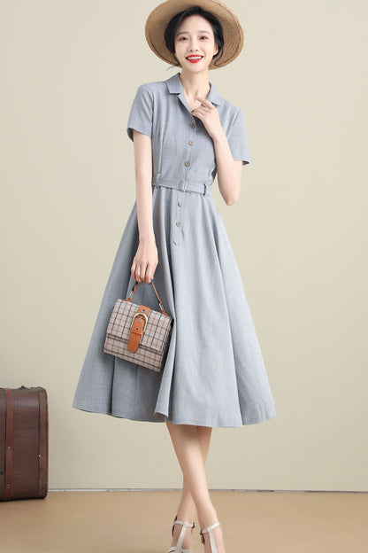 Handmade Cotton Linen Shirt Dress – Short Sleeve Summer Midi with Pockets | Xiaolizi 3272