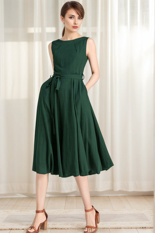 Green Linen Fit and Flare Dress – Vintage Sleeveless Midi 6624