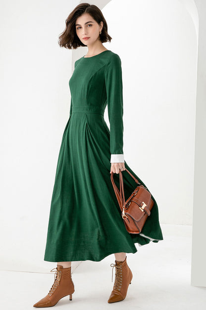 Emerald Green Linen Maxi Dress - Fitted Waist with Pleated Flare Skirt 3830