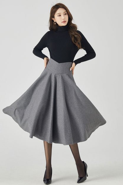 Handmade Deep Gray Wool Midi Skirt – Vintage V-Waist Circle Skirt for Winter Elegance 4534