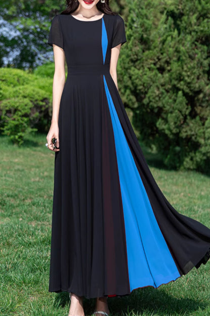 Block color maxi summer prom chiffon dress 5155